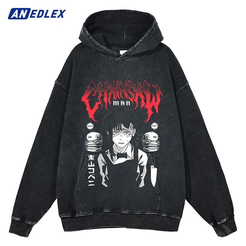 Men Hip Hop Streetwear Black Washed Hoodie Sweatshirt Japanese Anime Girl Print Harajuku Pullover Cotton Vintage Hooded Hoodie