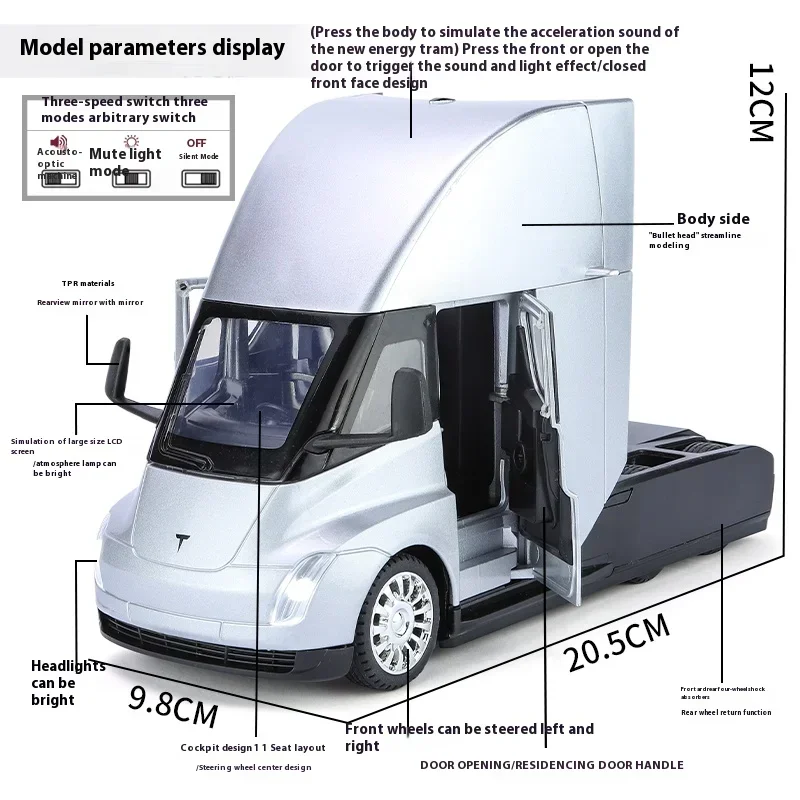 New 1:24 Tesla Semi Truck Trailer Metal Alloy Diecast Truck Trailer Model Sound & Light Collection Car Model Toy Gift With Boys