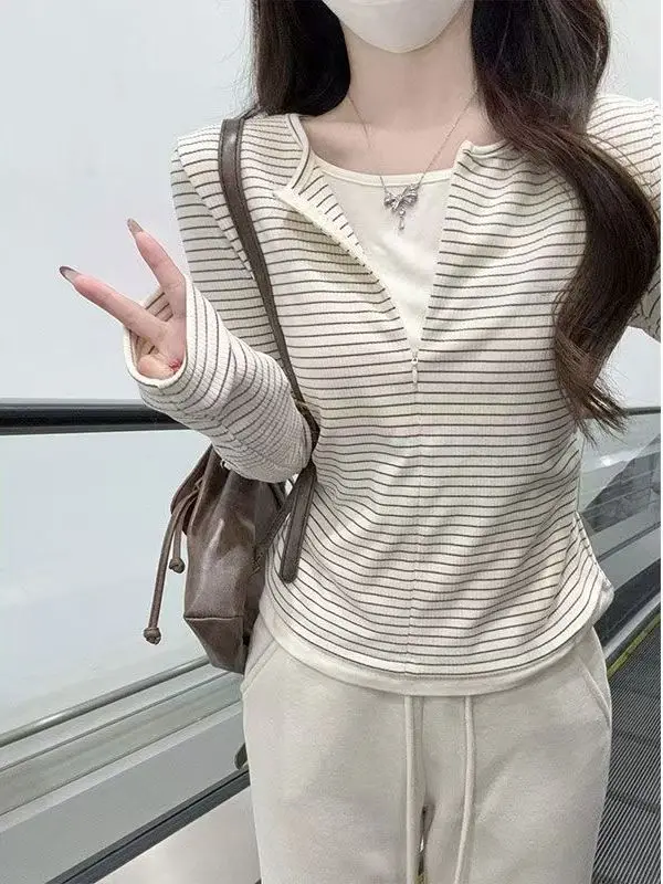 Korean Style Striped Zipper Long Sleeve T-Shirt Women's Autumn Winter New Slim Fit Base Layer Shirt Top INS Splice Patchwork