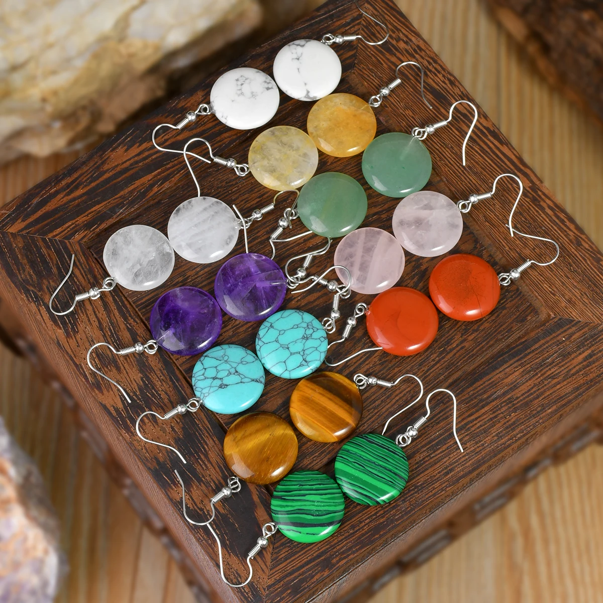 Natural Stone Amethyst Green Aventurine Round Dangle Earrings Bohemian Women's Exquisite Holiday Handmade Jewelry - view 5