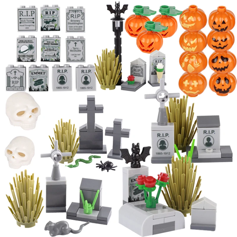 City Halloween Skeleton Building Blocks Street View Cemetery Tombstone Pumpkin Ghost Rose Wizard Witch Animal Plant Bricks Gifts