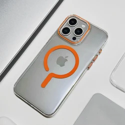 Transparent ultra-thin strong magnetic phone case for iPhone 15 14 13 12 Pro Max magsafe charging metal button hard bumper cover