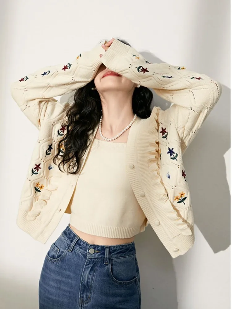 

Floral Print Embroidered Cardigan Sweater Women Autumn Winter 2023 New Fashion Korean Ruffle Casual Vintage Knitted Tops Female