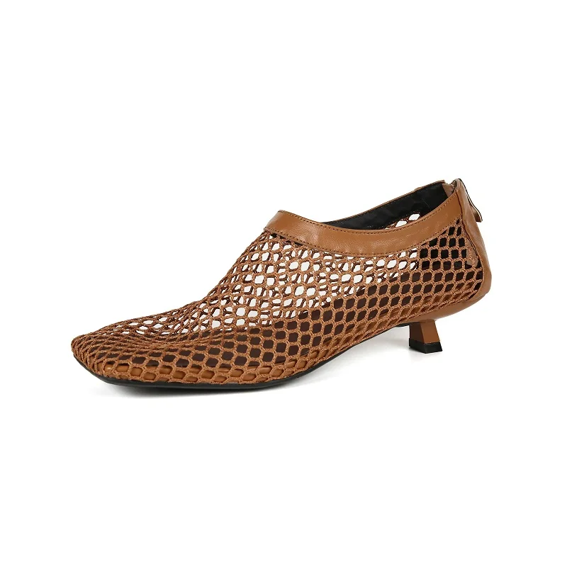 Women Summer Mesh Shoes Kitten Heel Breathable Pumps Square Toe Sandals Designer Popular Simple Shoes Red Brown Black Footwear