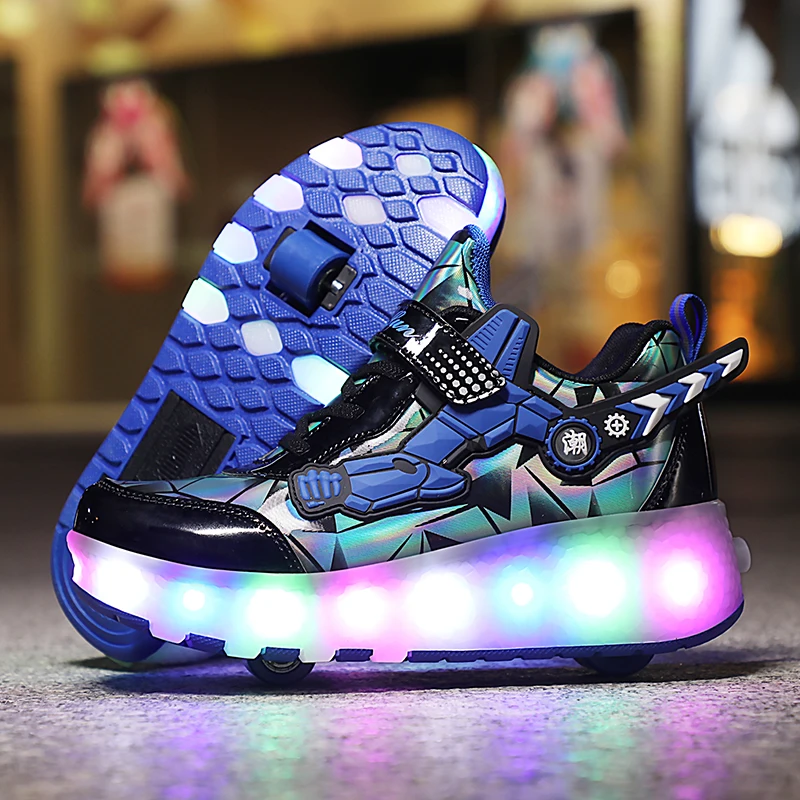 High Quality Skate Shoes for Kids Fashion LED Light Luminous Sneakers Children Two Wheels Shoes for Boys Girls with USB Charging