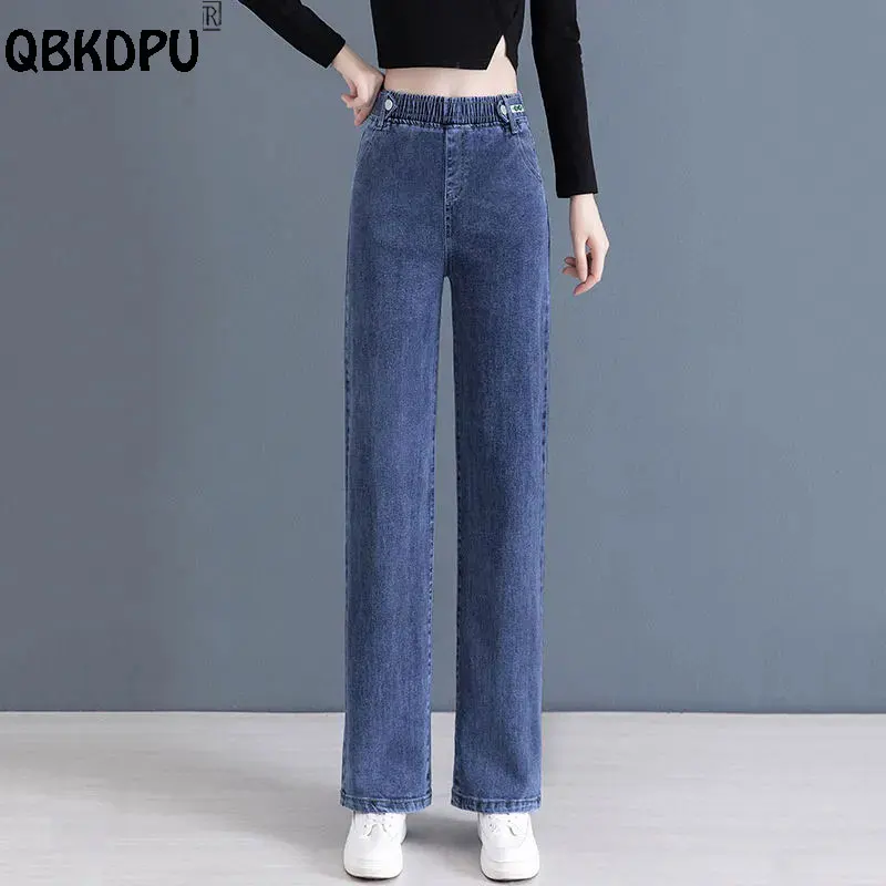 

Elastic High Waist Wide Leg Jeans Women Big Size 4xl Casual Straight Vaqueros Spring Baggy Pantalones Korean Blue Denim Pants