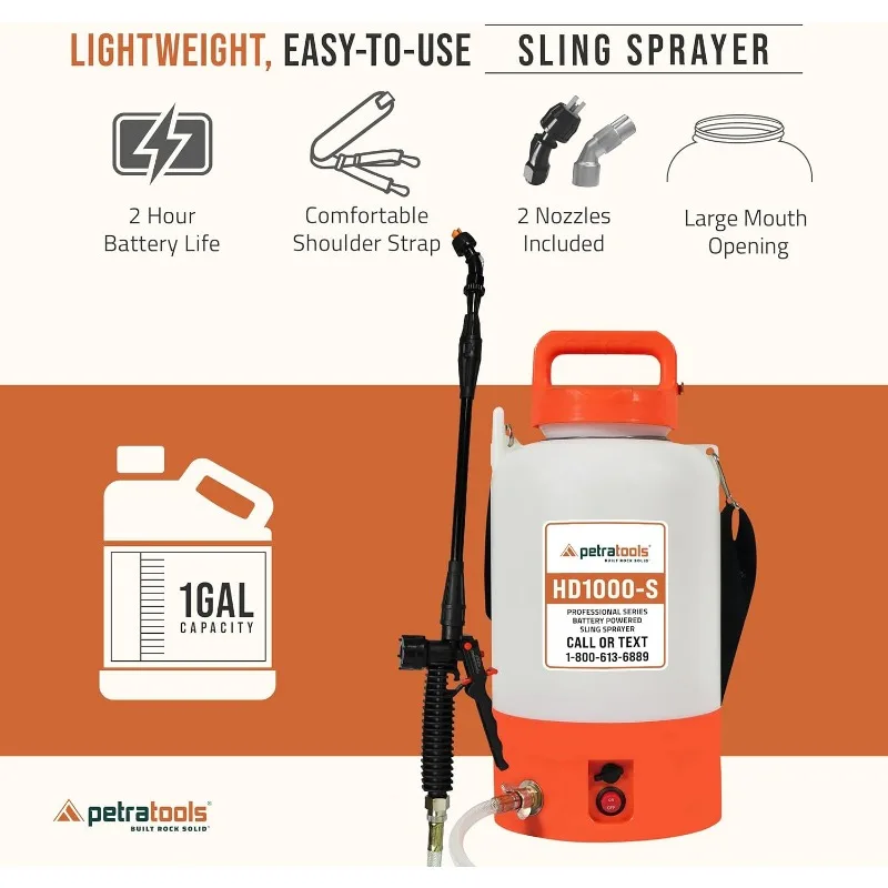 PetraTools 1 Gallon Battery Powered Sprayer -HD1000-S Electric Sprayers in Lawn and Garden with Easy-to-Carry Strap,Weed Sprayer