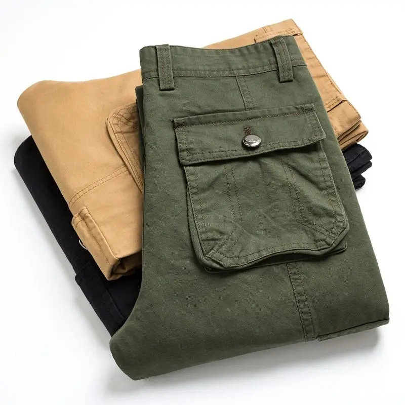 กางเกงคาร์โก้ผู้ชายคุณภาพสูง หลายกระเป๋า สีพื้น สำหรับทำงาน ลำลอง กิจกรรมกลางแจ้ง สีเขียว ทรงเข้ารูป ไซส์ใหญ่ 40