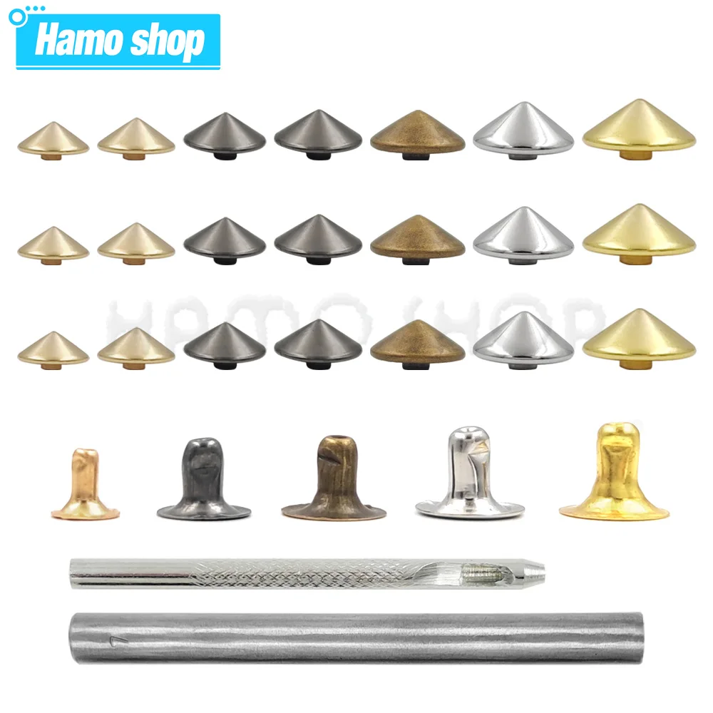 

80-100sets 5-12mm Conical Rivet Spikes DIY Punk Rock For Clothes Shoes Bags Pet Collar Decor Leathercraft Accessories With Tools