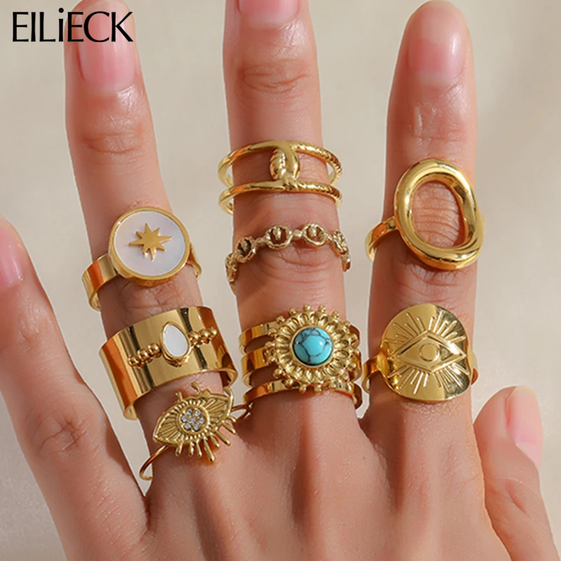 EILIECK 316L Stainless Steel Geometric Hollow Open Cuff Rings For Women Girl Vintage New Waterproof Jewelry Friend Gift Party