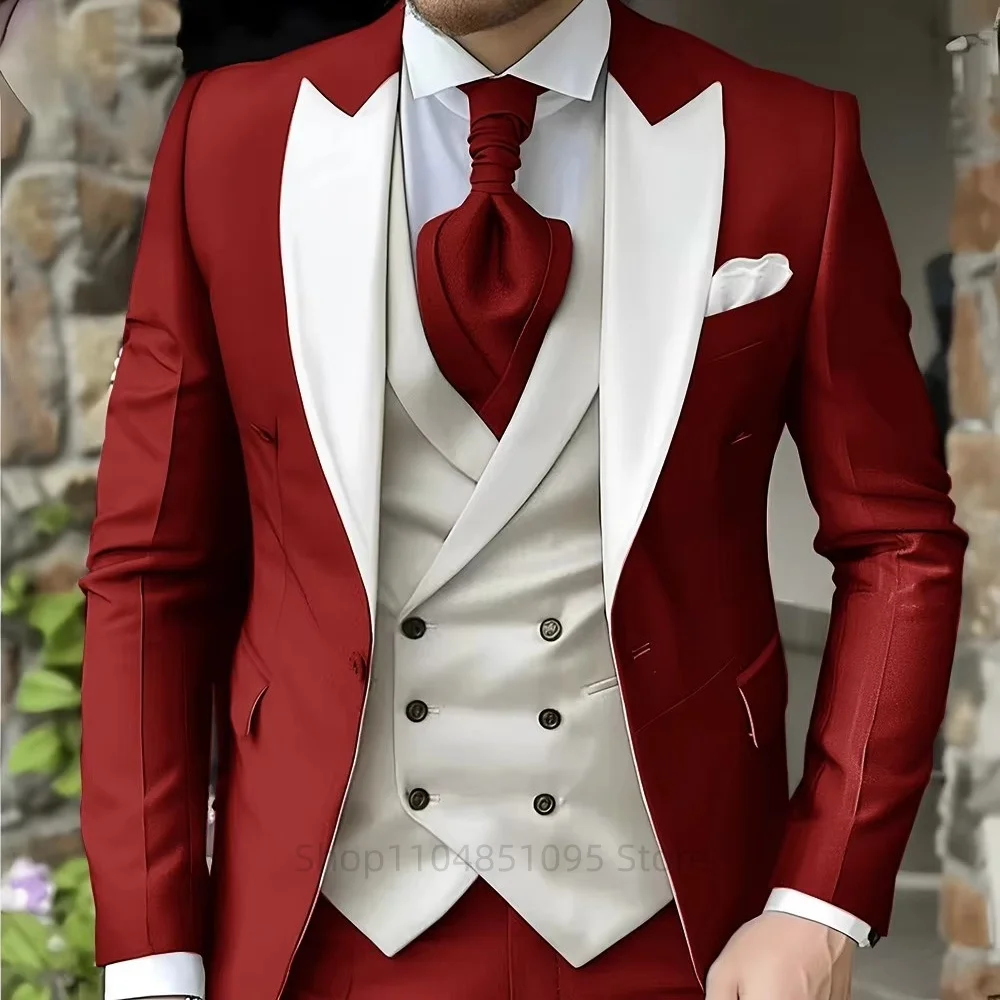 

3 Piece Men's Slim Fit Tuxedo Suits Business Wedding Party Elegant Blazer Vest Pants Set Solid Color Trendy Men's Clothing