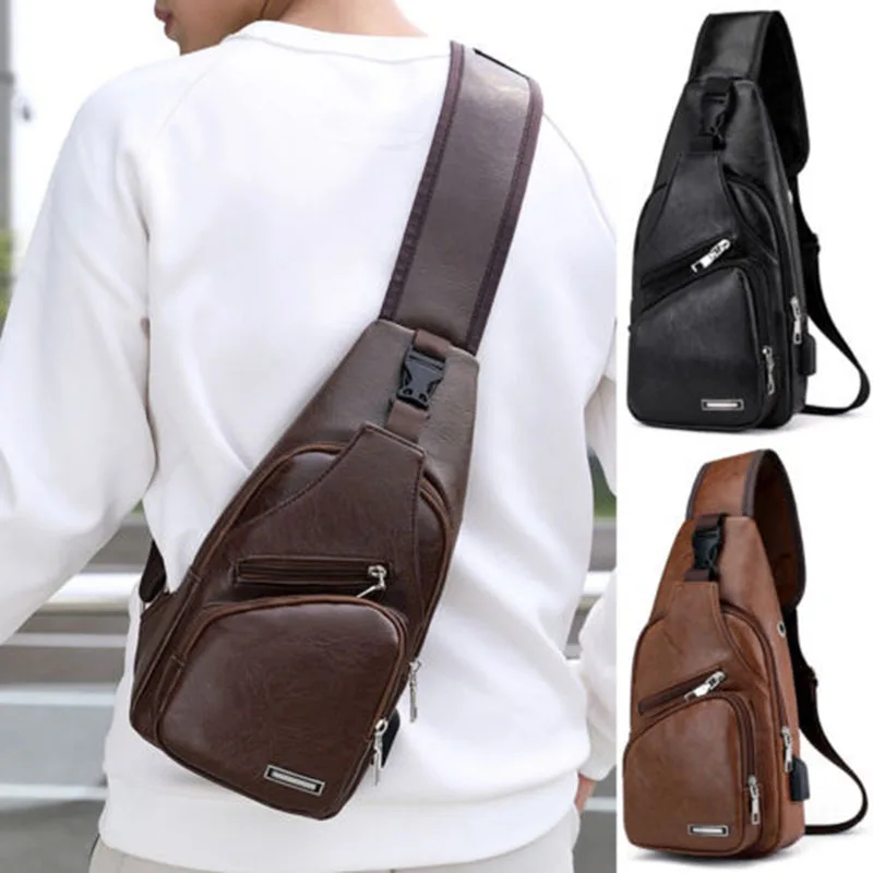 Men's Leisure Vintage PU Leather Messenger Bag USB Charging Sports Travel Crossbody Bag USB Chest Bag Designer Back Pack Travel