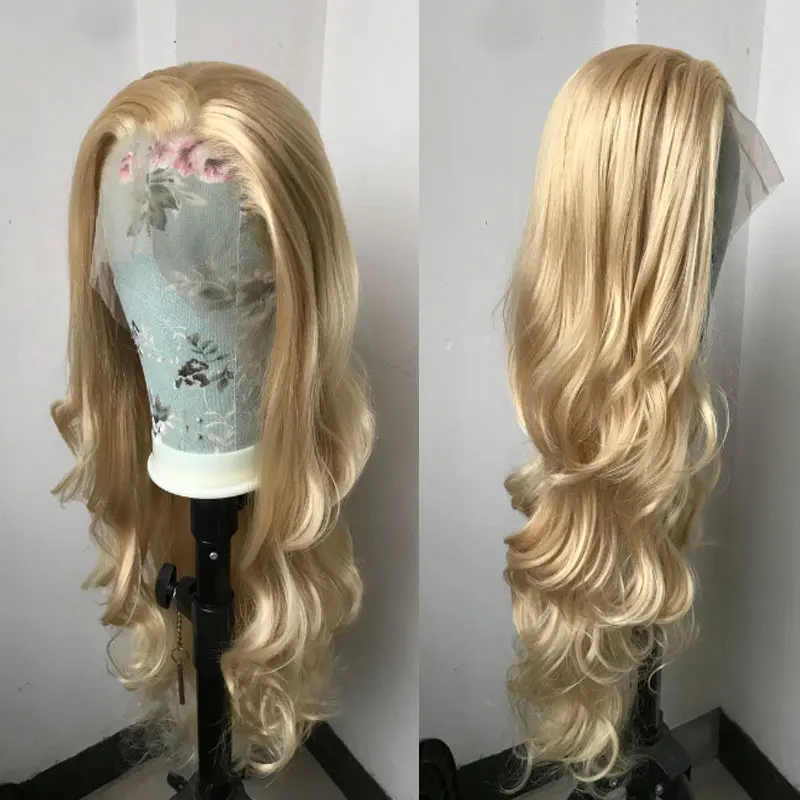 Ouro loira cor onda do corpo perucas dianteiras do laço sintético de alta qualidade fibra resistente ao calor cabelo natural linha fina para cosplay feminino