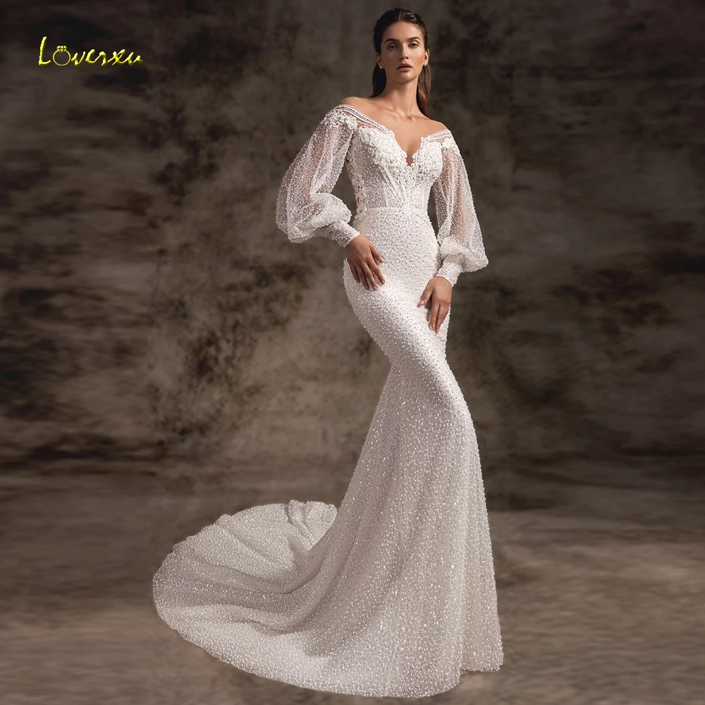 

Loverxu Mermaid Wedding Dresses 2024 Sweetheart Long Puff Sleeve Vestido De Novia Lace Beaded Elegant Trumpet Robe De Mariee