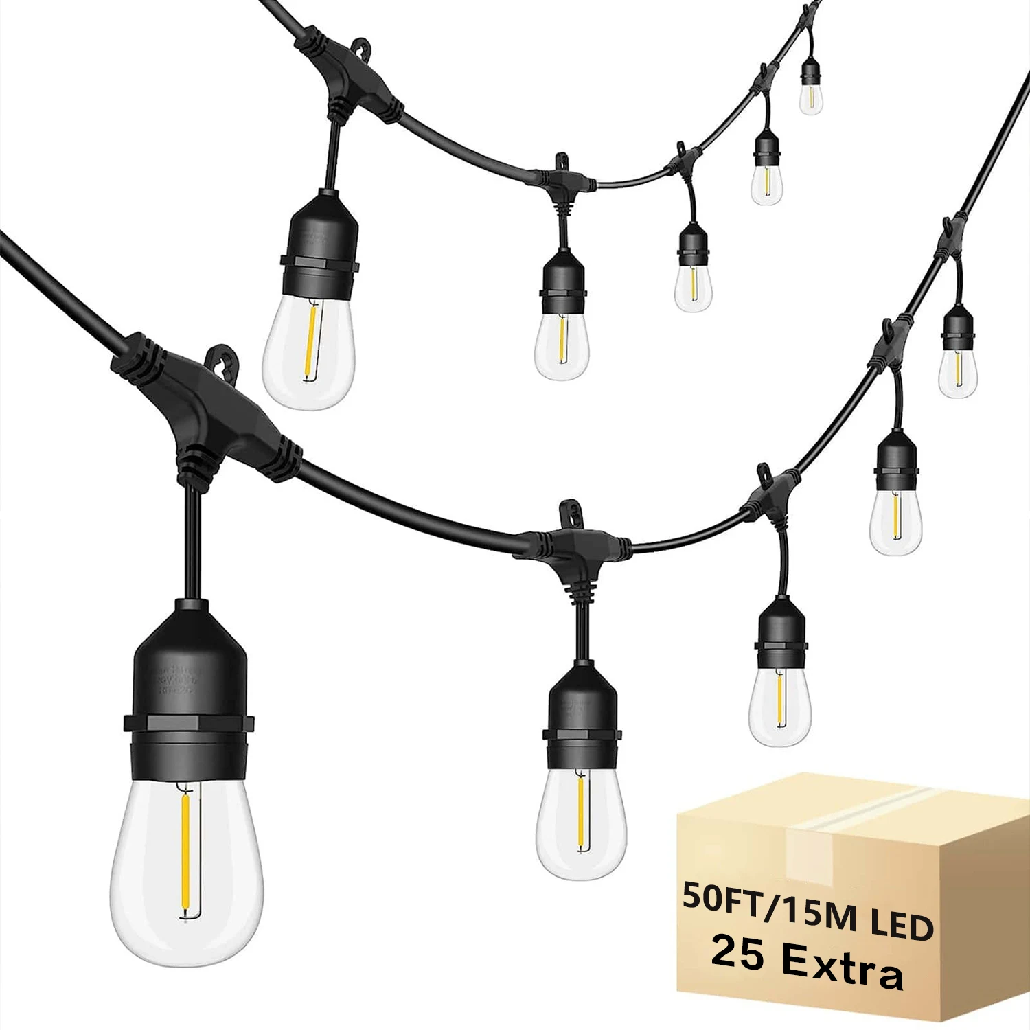 50FT, S14 LED-terrasverlichting met 25 Edison vintage lampen, aansluitbare buitenlichtslingers voor veranda achtertuin bistro, IP65