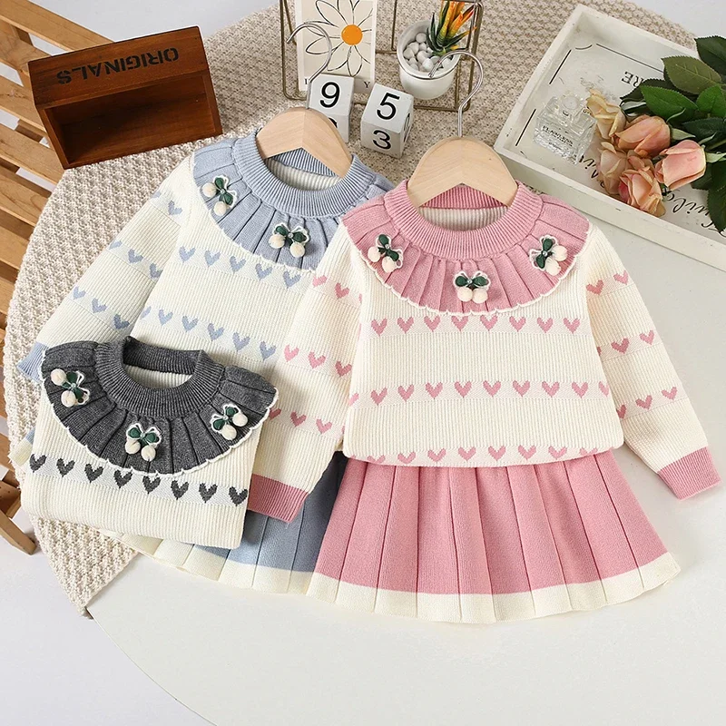 2025 New Autumn Winter Children Clothes Suit Long Sleeved Knitted Pullover Sweater+Short Skirt 2-6Yrs Baby Girls Clothing Set
