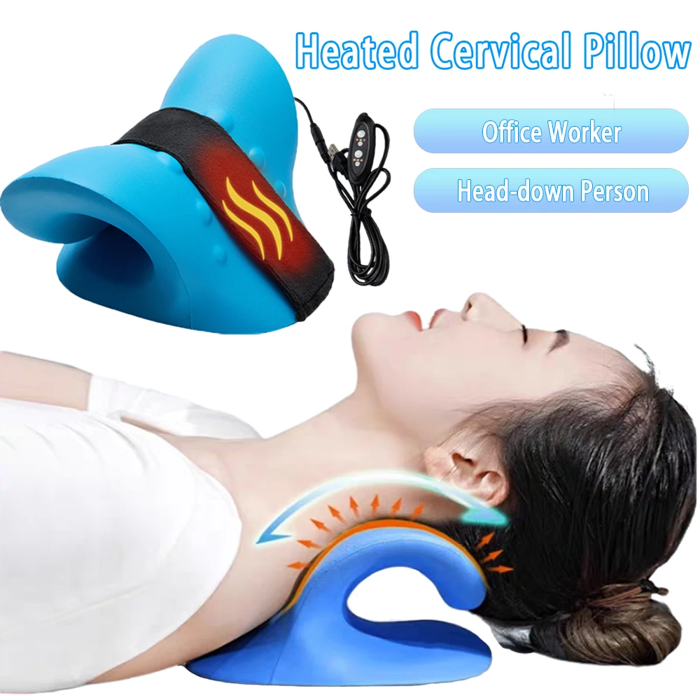 Heated Neck Stretcher for Neck Pain Relief Orthopedic Cervical Traction Device Pillow Heating Shoulder Relaxer Shiatsu Massager