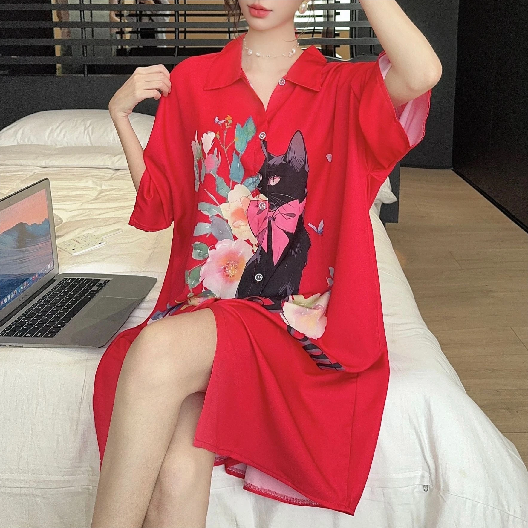 Summer plus size 4XL Stain Nightdress Women Short Sleeve cartoon Nightgowns & Sleepshirts female Sleepwear Shirt Buttons Outwear