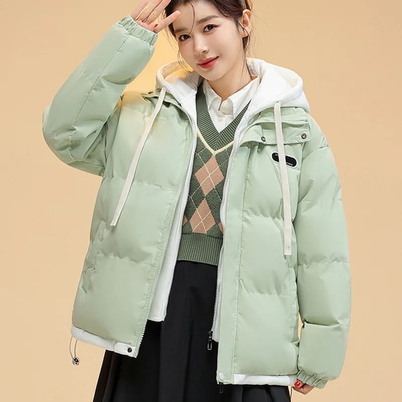 Winter New Parkas Women Korean Fashion Casual All Match Loose Fake Two Pieces Hooded Down Coats Female Thick Warm Outerwear