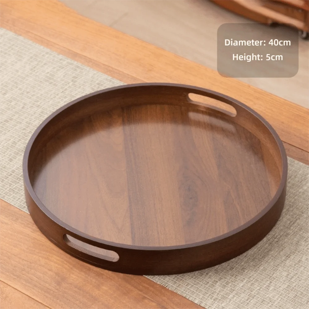 Decorate Tray Round Bamboo Wooden Tray Walnut Color With Handle Serving Tray Dessert Pallet Coffee Table