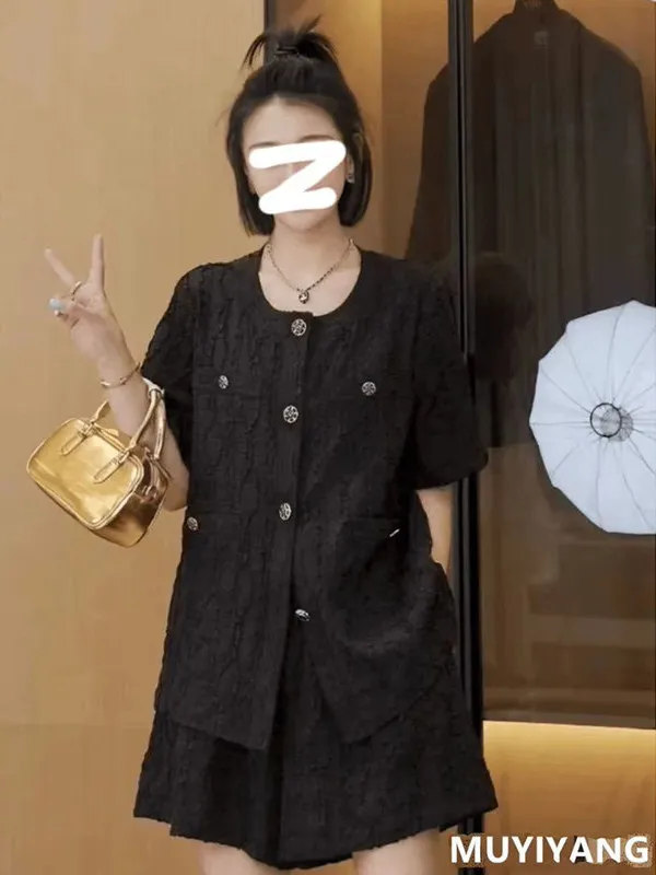 

plus Size Women's Summer Casual Loose Short Sleeve Shorts Set High Waist Polyester Fiber Thin Style Korean Version Fashion Set