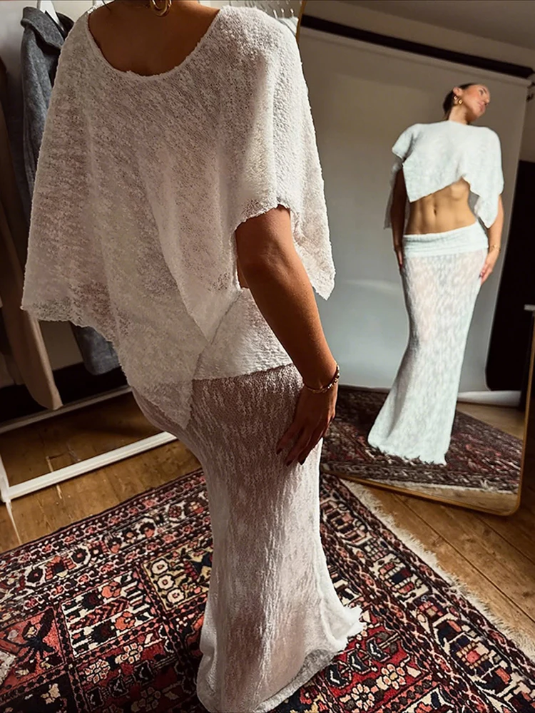 Nibber انظر من خلال أنيقة 2 قطعة مجموعة النساء مائل الكتف غير النظامية هيم المحاصيل القمم + مرونة الخصر التنانير موضة الحفلات الدعاوى #5