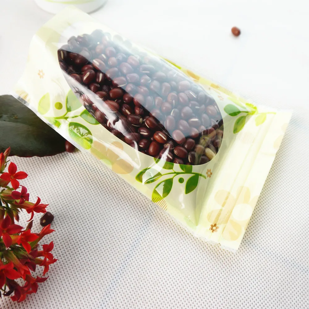 100pcs Green Fancy Printing Standing Up Zip Lock Bags with Clear Window - Stand Plastic Pouch with Leaf Design Print Candy Pack