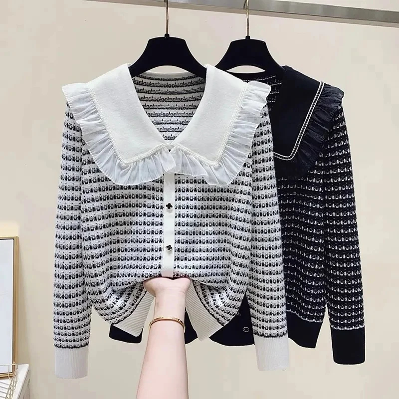 

Doll Collar Plaid Fashion Sweater Women Spring Autumn 2024 New Coat Fragrance High Quality Knitwear Loose Large Size Tops Female