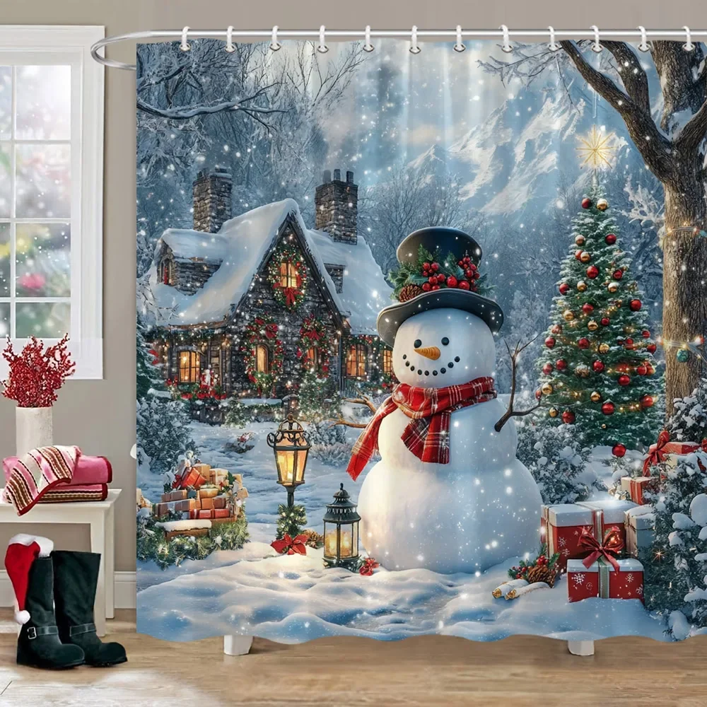 Christmas Snowman Shower Curtain Winter Snowy Xmas Tree Pink Blue Christmas Gift Polyester Fabric Shower Curtains Bathroom Decor