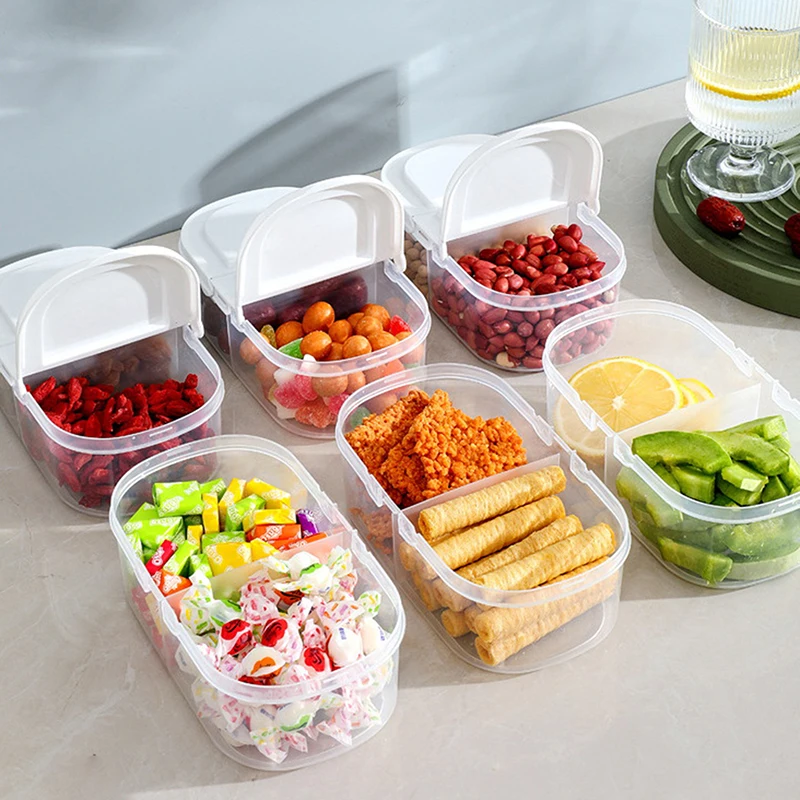 1pc 2 Grid Food Storage Box Kitchen Organizer Container Set Vacuumed Lid Airtight Transparent Square For Dry Legume Spice