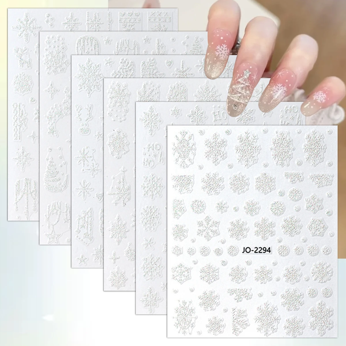 3/6/12 Blatt 3D-Schneeflocken-Nagelkunst-Aufkleber, weiß, holografisch geprägt, Winter-Weihnachts-Nagelaufkleber für DIY-Maniküre