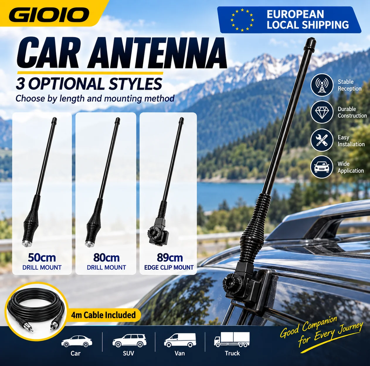 Antena samochodowa GIOIO, kabel 4 m, czarna, 50 cm, 80 cm, montaż wiertłem, 89 cm, montaż za pomocą klipsa, zewnętrzna antena do samochodu, zamiennik, akcesoria do montażu, wysyłka w Europie.