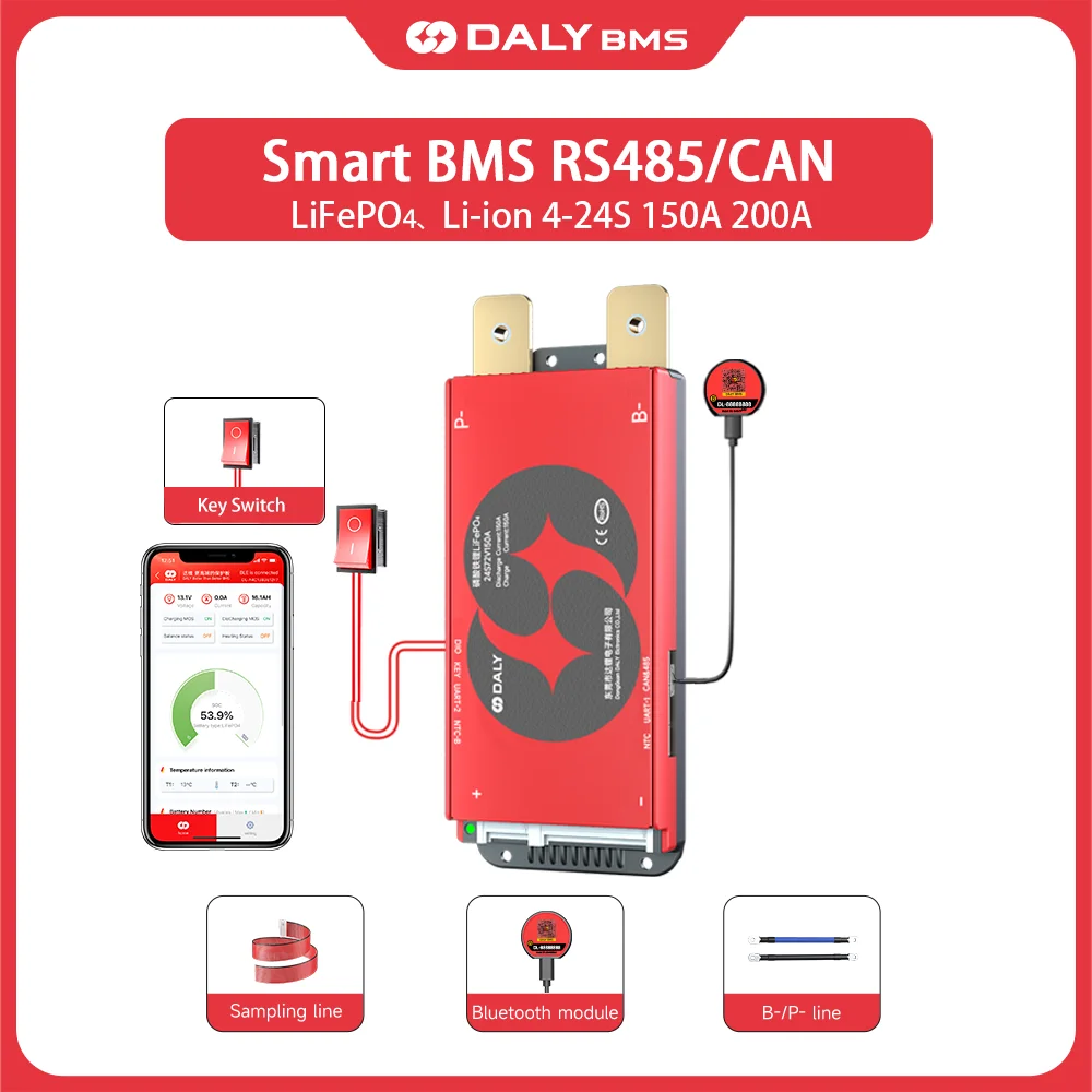 

Daly Smart BMS 4S Lifepo4 12V 8S 24V 16S 48V 150A 200A BMS RS485 CANBUS Protective Board Li-ion 3.7V Battery BMS with Key Switch