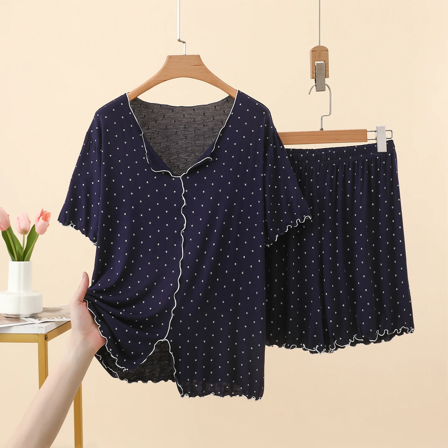 Summer Lightweight Modal Polka Dot Short Sleeve Shorts Set Women's Home Clothes Sleepwear Two-Piece Set V-Neck Pullover