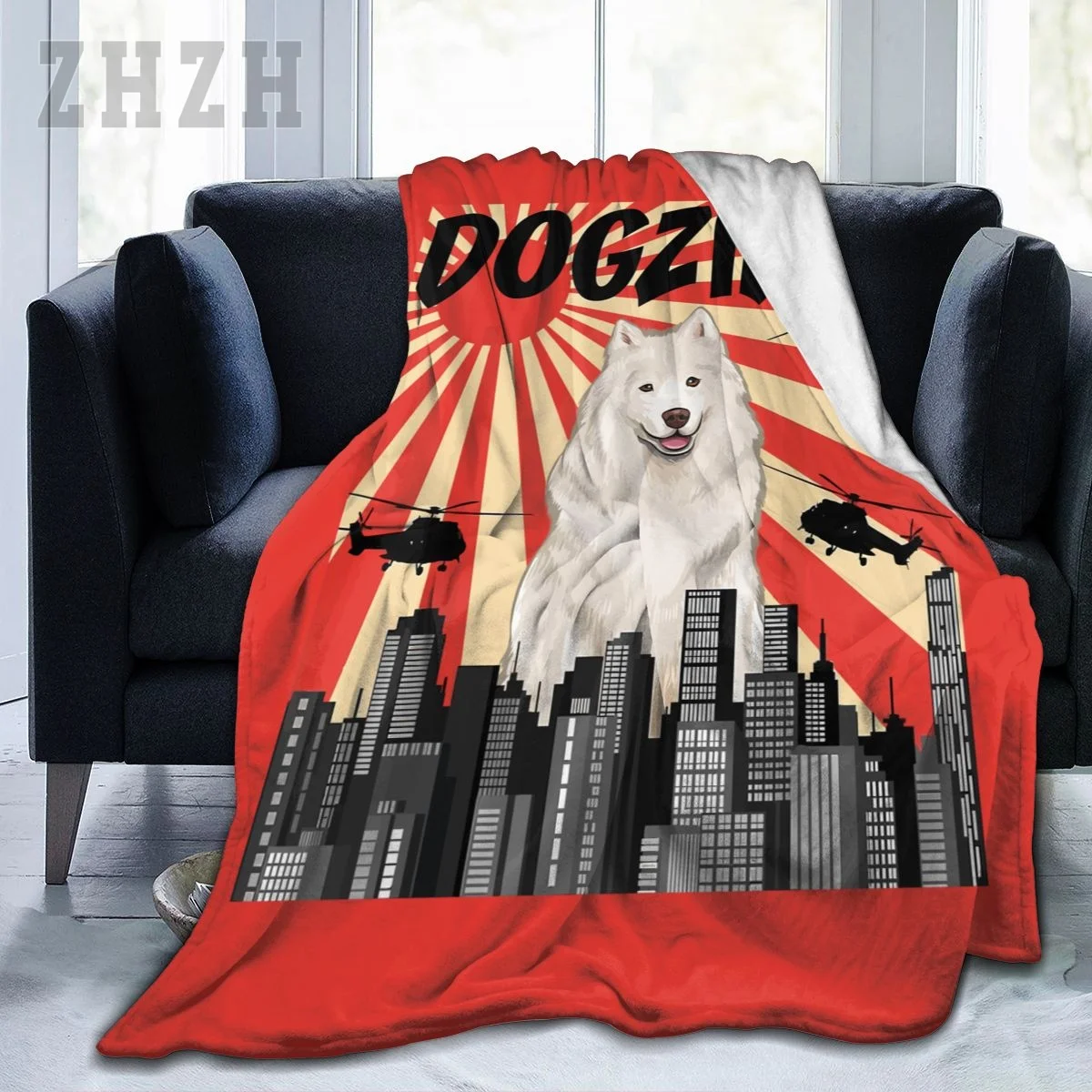 Blanket Retro Japanese Dogzilla Samoyed Flannel Multifunction Outdoor Camping Sofa Cover Keep Warm