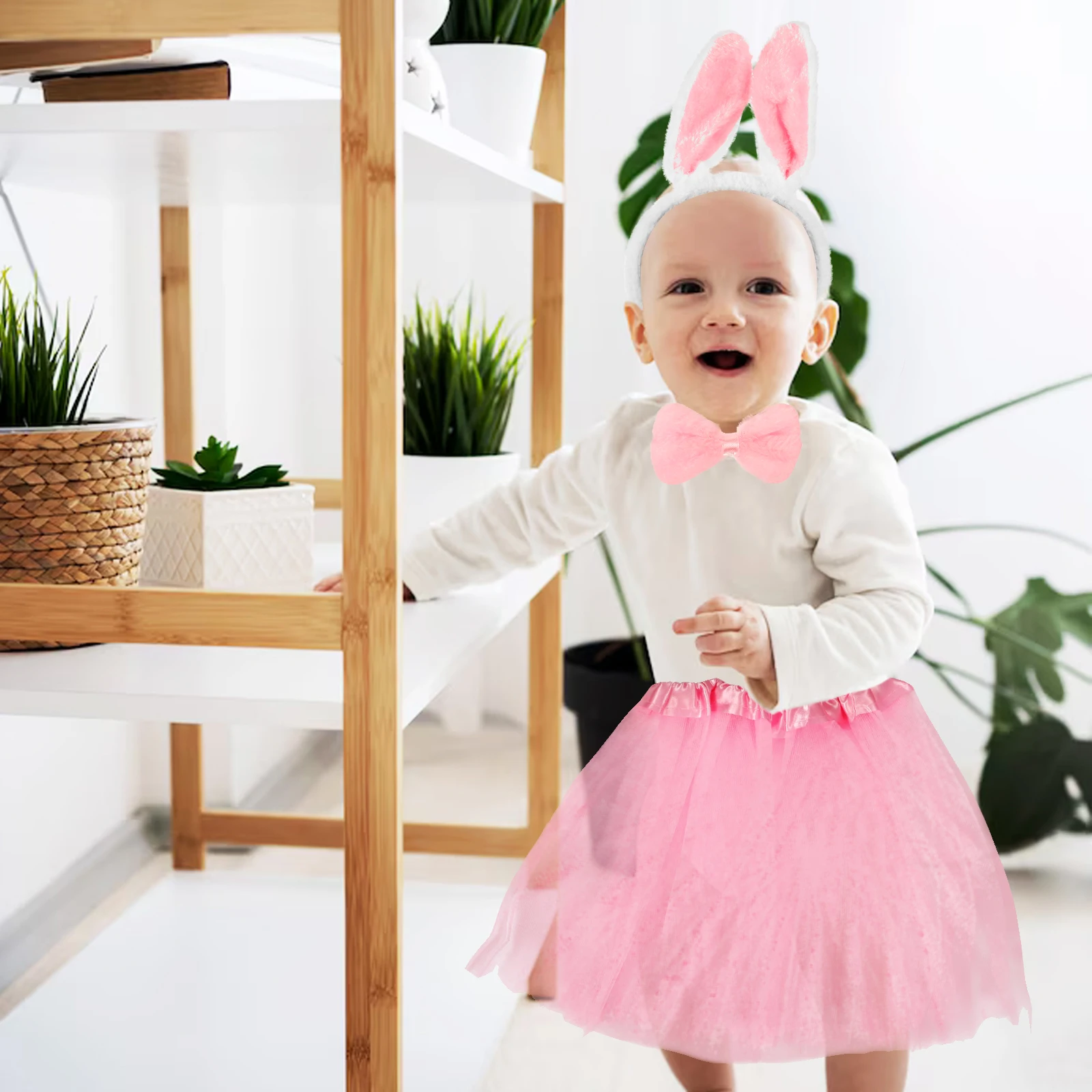 

4pcs Rabbit Headdress Mesh Skirt Set for Kids Girls Halloween Costume Pink Dogs Man Toddler Cat Up Tie Tail Skirts