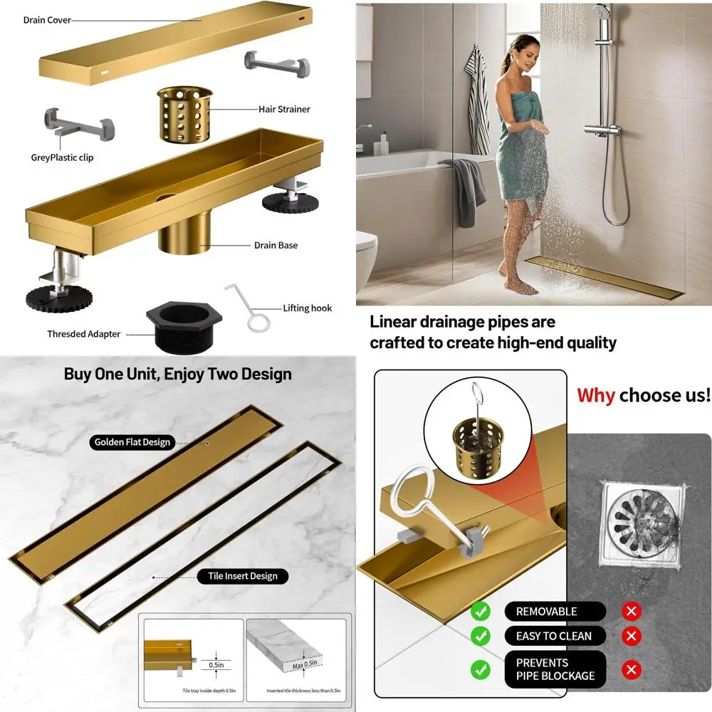 

Линейный слив для душа из нержавеющей стали Gold 54 304, с фильтром для волос и регулируемыми ножками для невидимой установки пола