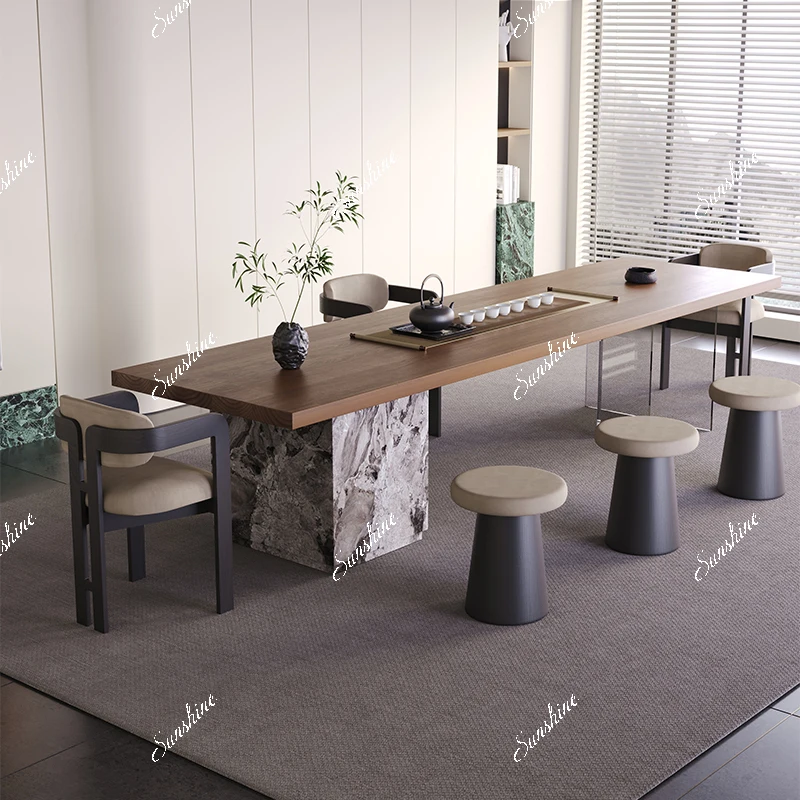 

Solid wood large board drinking table and chair combination home office living room log tea table light