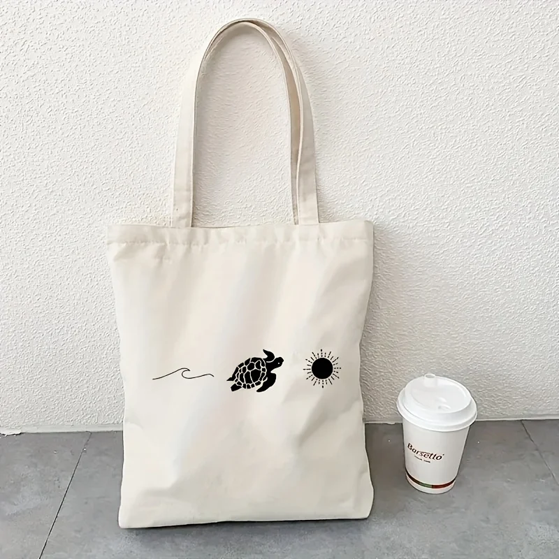 1 Piece, Black Tote Bag with Turtle Chasing the Sun Print, Suitable for Commuting, Traveling, and Picnics, Travel Tote Bag |   Cartoon Turtle Print