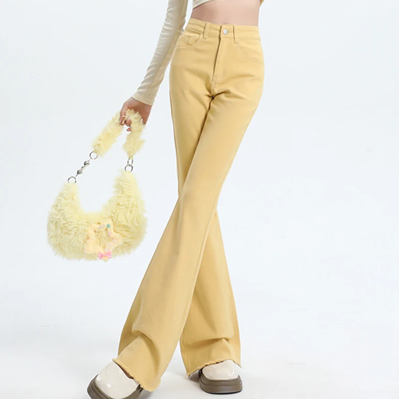 High Waisted Slimming Colored Fringed Flared Pants Autumn Spring Pink Yellow Beige Denim Jeans Female High Quality Brand Sexy