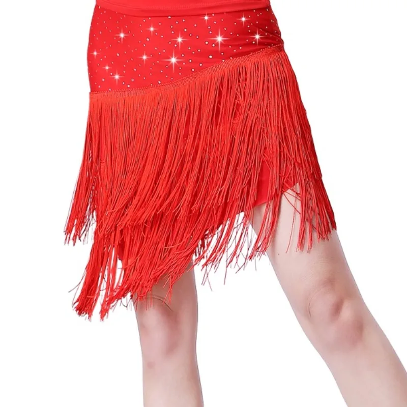Falda de baile latino para mujer adulta, traje Sexy de seda de leche negra y roja con borlas y lentejuelas, traje de baile cuadrado para mujer