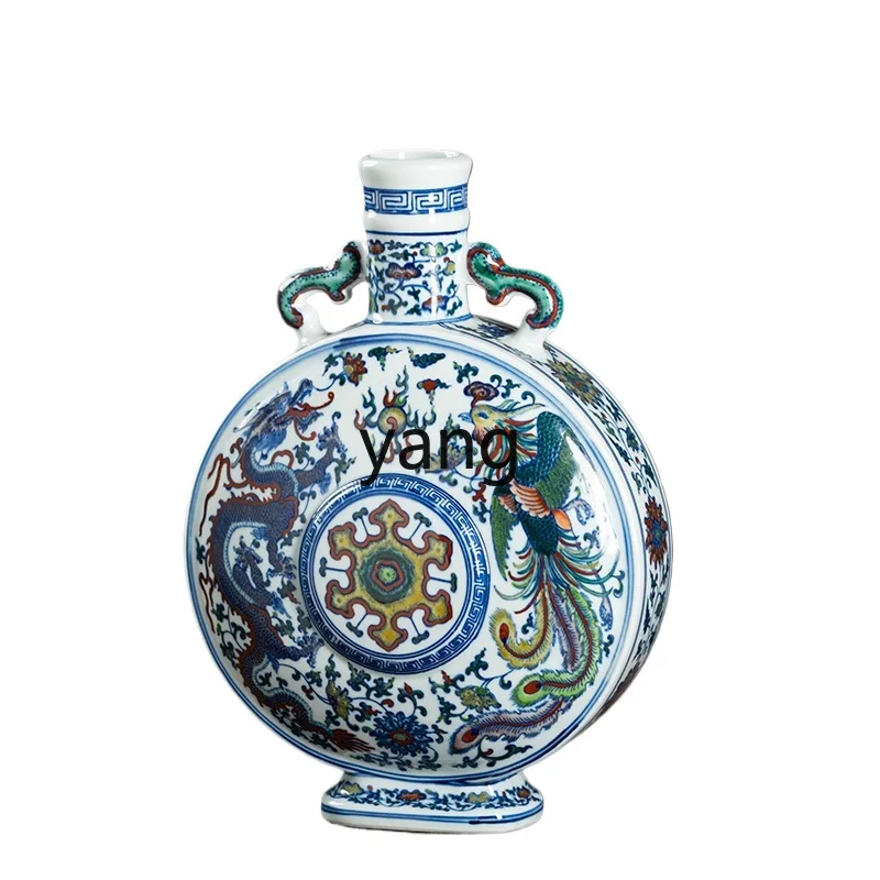 

L'm'm Ceramic Vase Dragon and Phoenix Porcelain Bottle Flower Arrangement Vintage Chinese Living Room Wine Cabinet Decoration