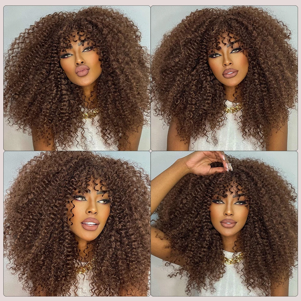 Perucas encaracoladas do afro com Franja para mulheres negras, cabelo perverso curto, fibra sintética, Cosplay, Brown, 16"