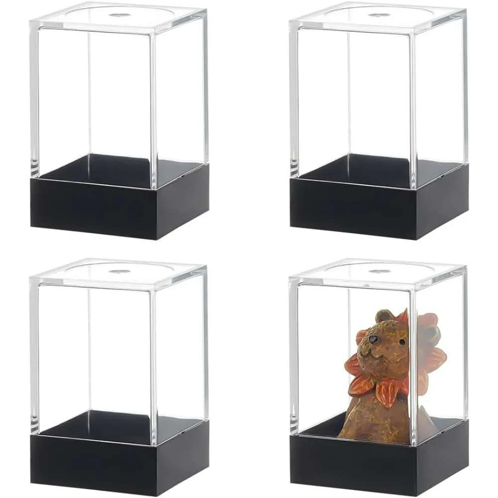 

4 шт. небольшой прямоугольный пластиковый чехол для коллекционных предметов 1,5x1,5x2,7 дюйма, черная основа, прозрачная крышка, ящик для хранения, мини-пылезащитная защита