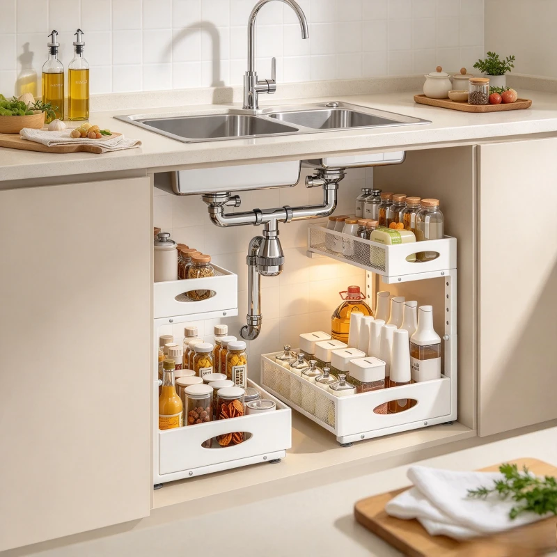 Pull Out Under Sink Organizer Large White Kitchen Cabinet Storage Rack with Bidirectional Sliding Adjustable Shelf PVC Liner