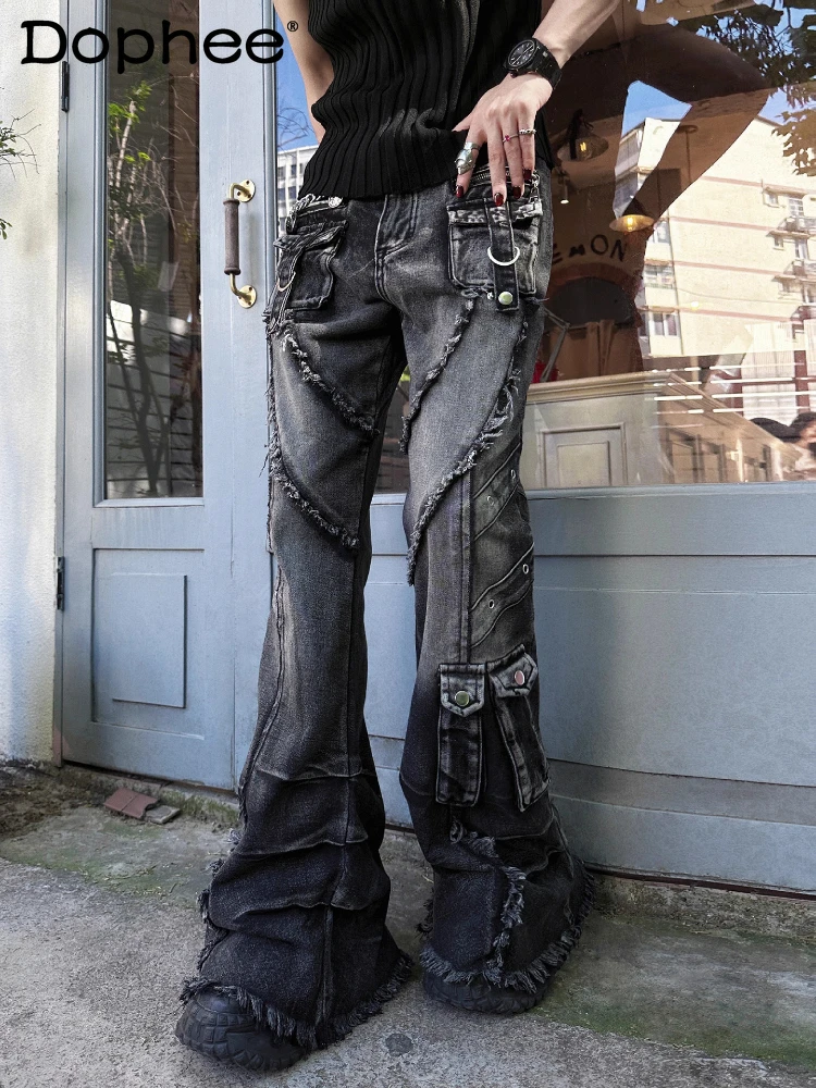 

Men's 2025 Summer New Zipper Trendy Jeans Male Handsome Straight Denim Pants Men's Pocket Decorative Micro Flared Denim Trousers