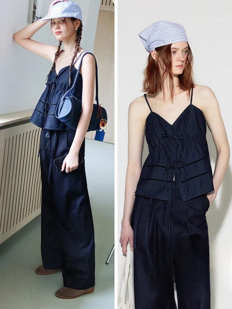 

Летний винтажный комплект из 100% хлопкового денима: широкие брюки и женская футболка с V-образным вырезом, ажурные вставки, комплект для женщин