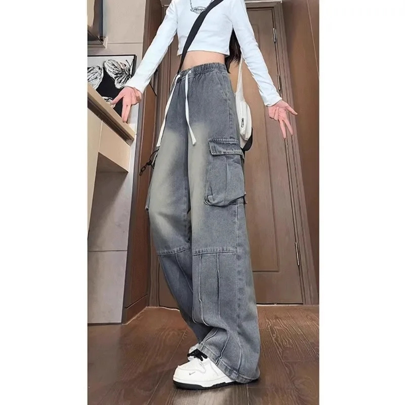 

American Retro Spring and Autumn Slim Loose Wide Leg Big Pocket Jeans