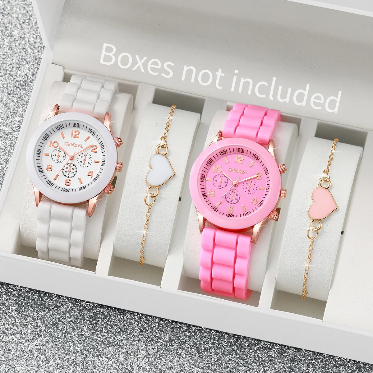 4PCS Fashion Women Watches Simple Arabic Dial Quartz Watch Silicone Band Wristwatch Heart Bracelets Set Reloj MujerWithout Box