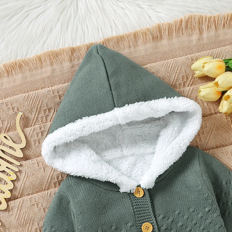 0-18m Baby Boys&Girls Romper Knit Spring Autumn Winter Newborn Infant Green Hooded Long Sleeve Jumpsuits Toddler Fleece Costumes